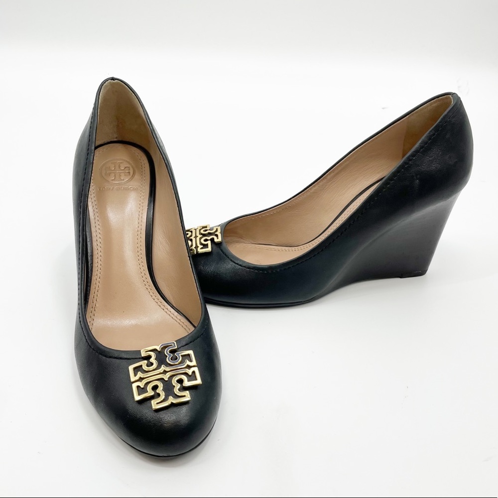 Tory Burch Melinda black leather wedge heels 7.5